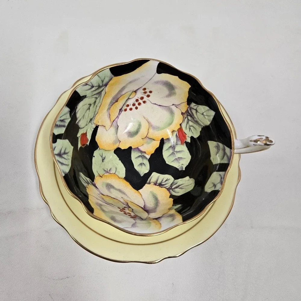Paragon Fine Bone China Teacup & Saucer Black Yellow Hibiscus Vintage